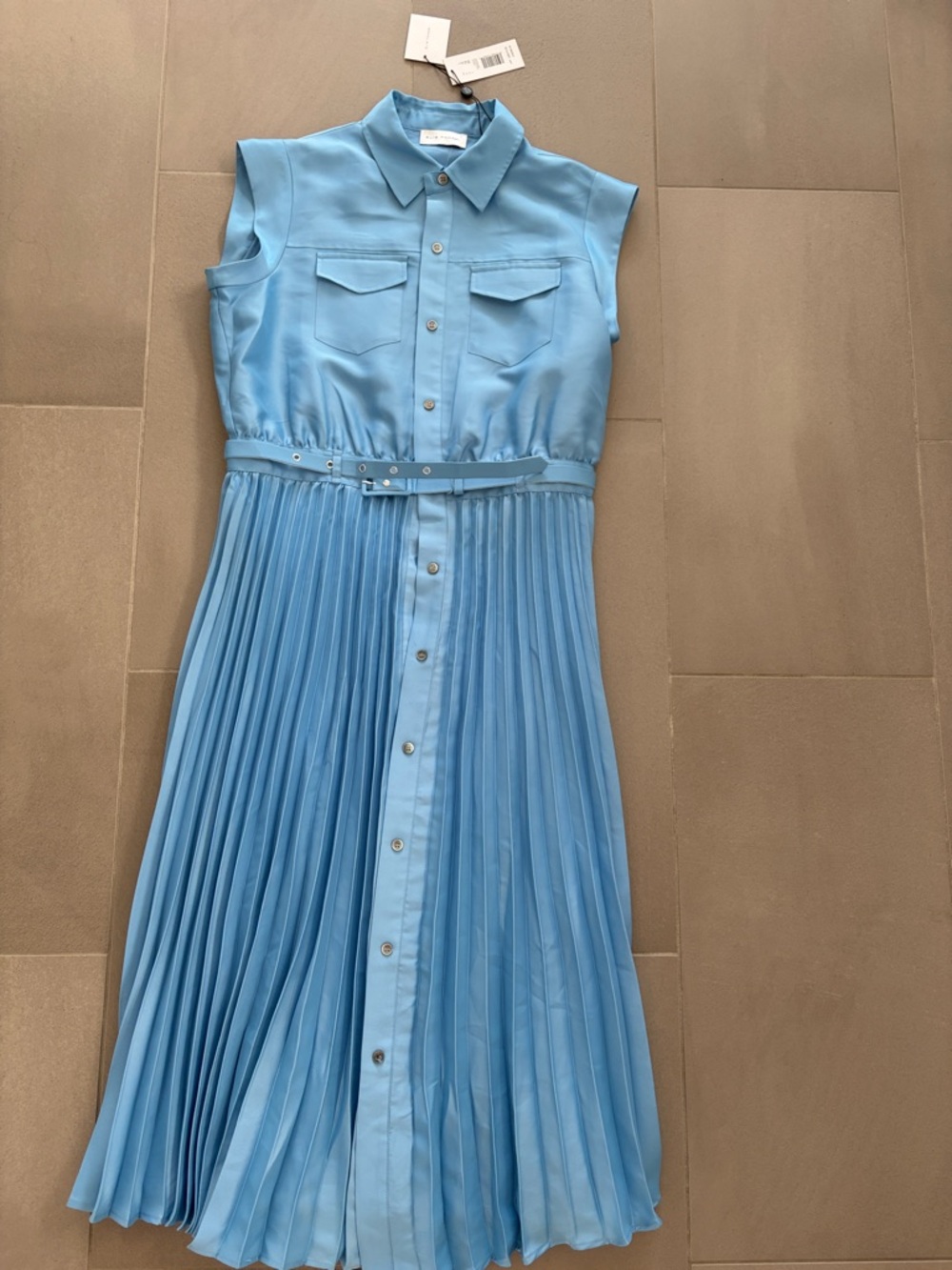 Elie Tahari Natalya blue pleated shirt dress with belt, length 49",NWT - Picture 4 of 16
